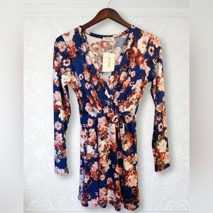 Pinc Navy Blue Floral Long Sleeve Faux Wrap Dress Juniors Large NWT